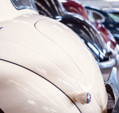 rare view of vintage car in garage .